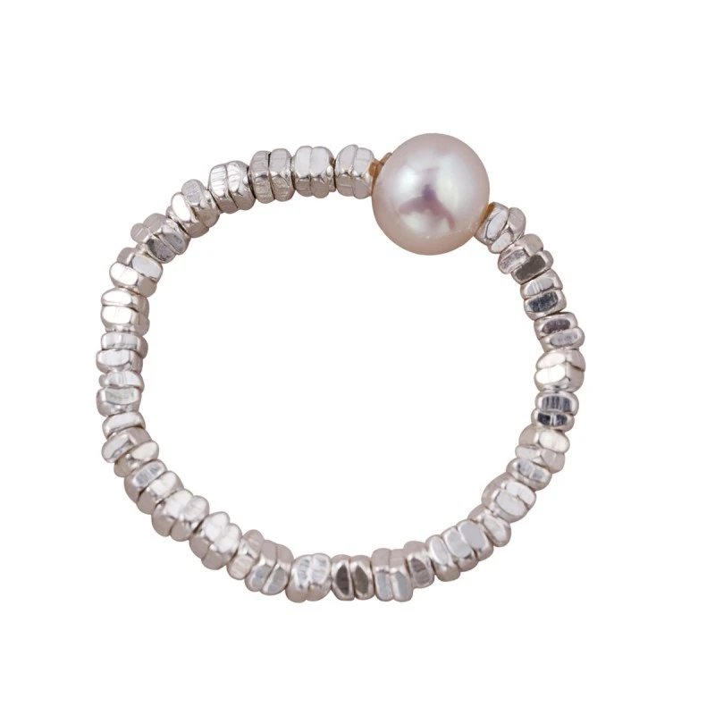 Silver Beaded Pearl Stackable Rings Set
