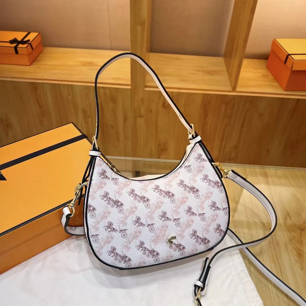 Coach Horse & Carriage Print White Hobo Bag Shoulder Bags