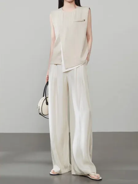 Design Wide-Leg Linen Blend Trousers Beige Pants - 5