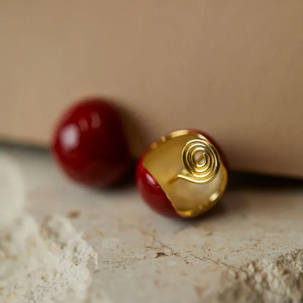 Design Cherry Drop Earrings Red Enamel Gold-Plated Earrings Jewelry - 6