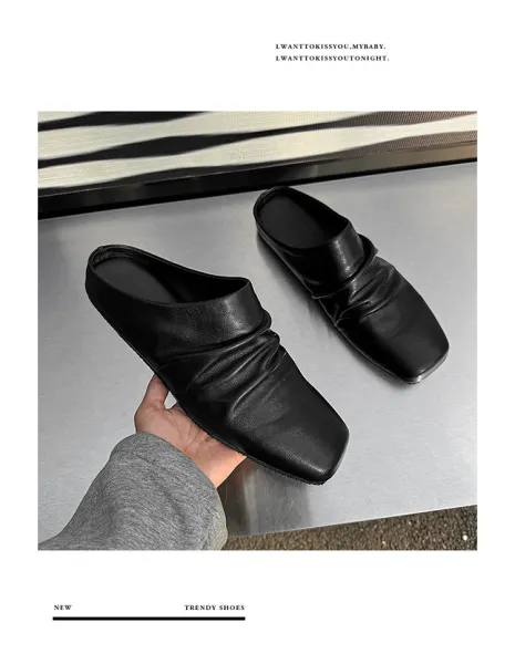 Design Square-Toe Leather Mule Black Shoes Slippers - 15