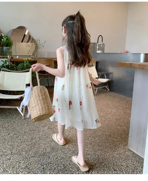 Design Floral Embroidered Linen Dress White Kids - 5