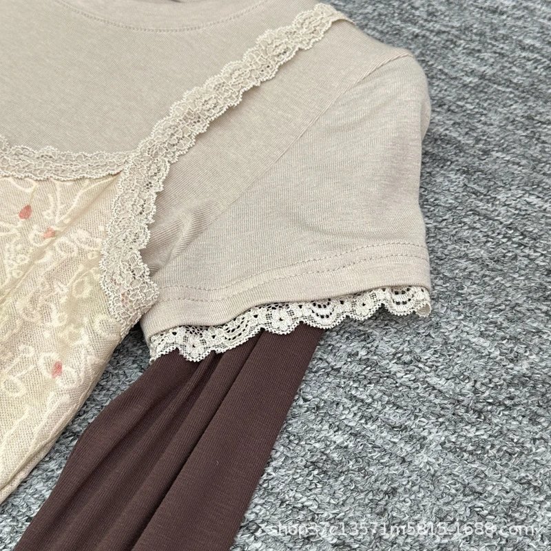 Design Lace-Trimmed Layered Top Beige Brown - 6