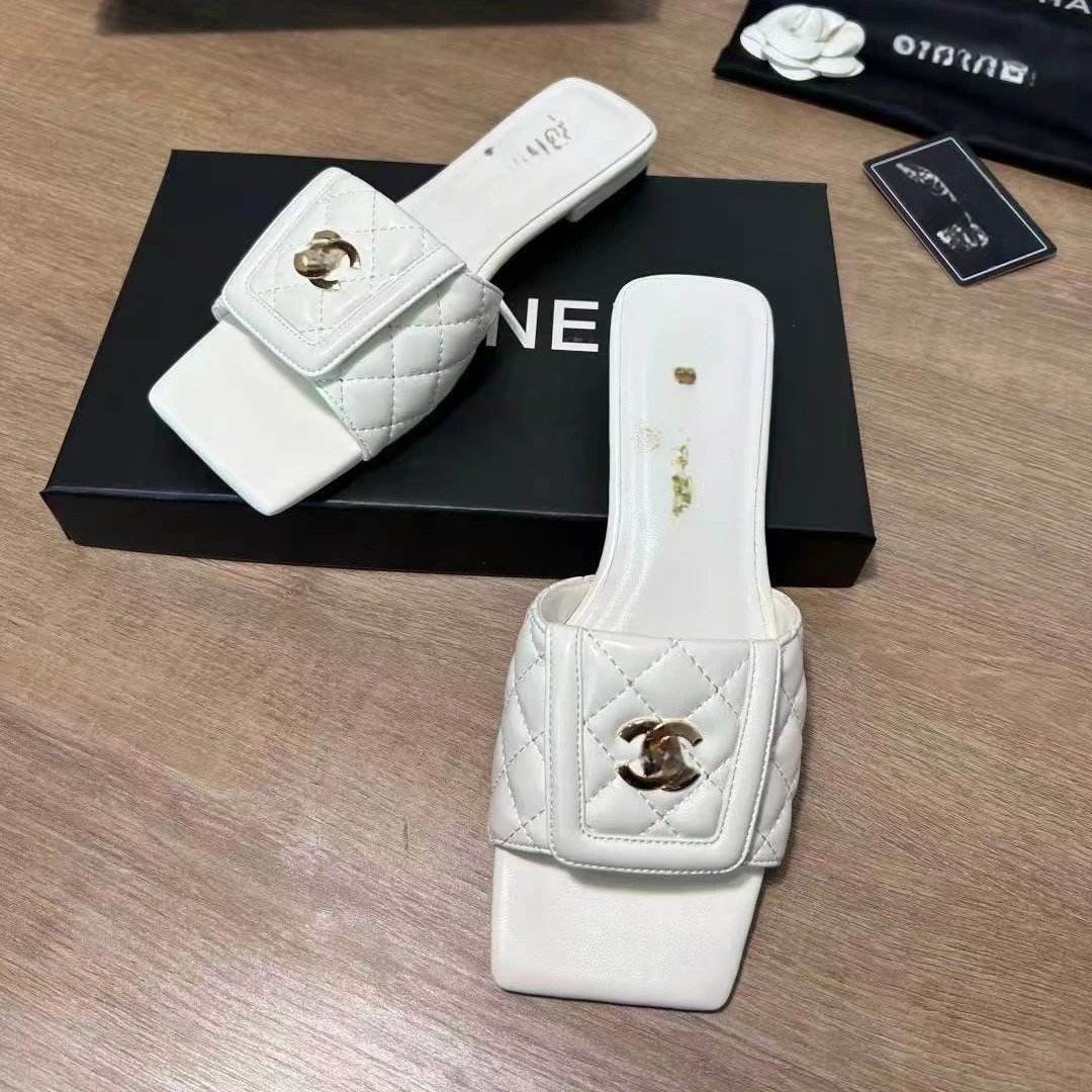 Chanel Quilted Mule Slide White Leather Sandals - 8