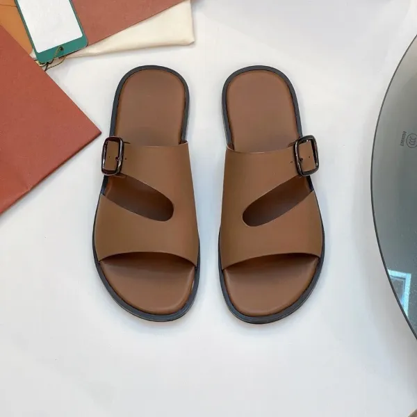 Design Slide Sandals Brown with Black Trim Slippers - 1