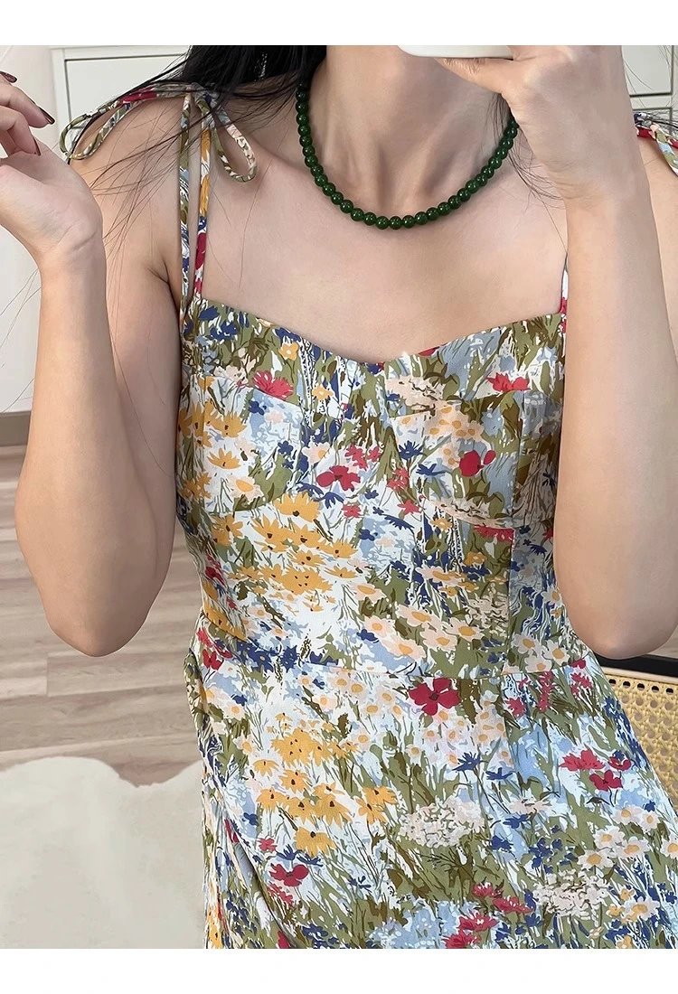 Design Floral Print Square Neck Cami Dress with Jade Bead Necklace Dress - 8