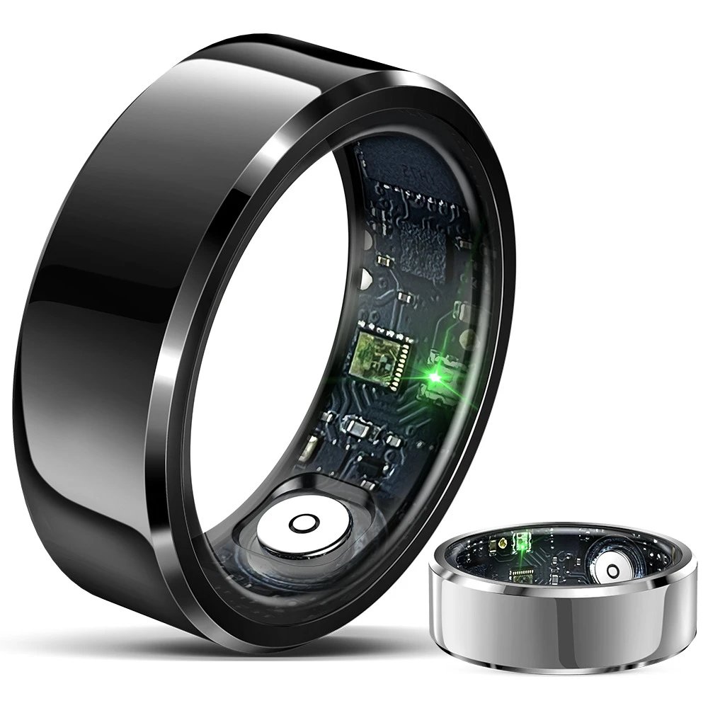 Glossy black and silver smart ring with exposed circuit board and green LED — SB001380 listing image