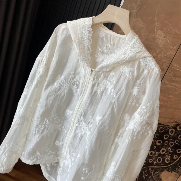 Design Lace-Embroidered Hooded Zip-Up Blouse White Tops Shirt - 4