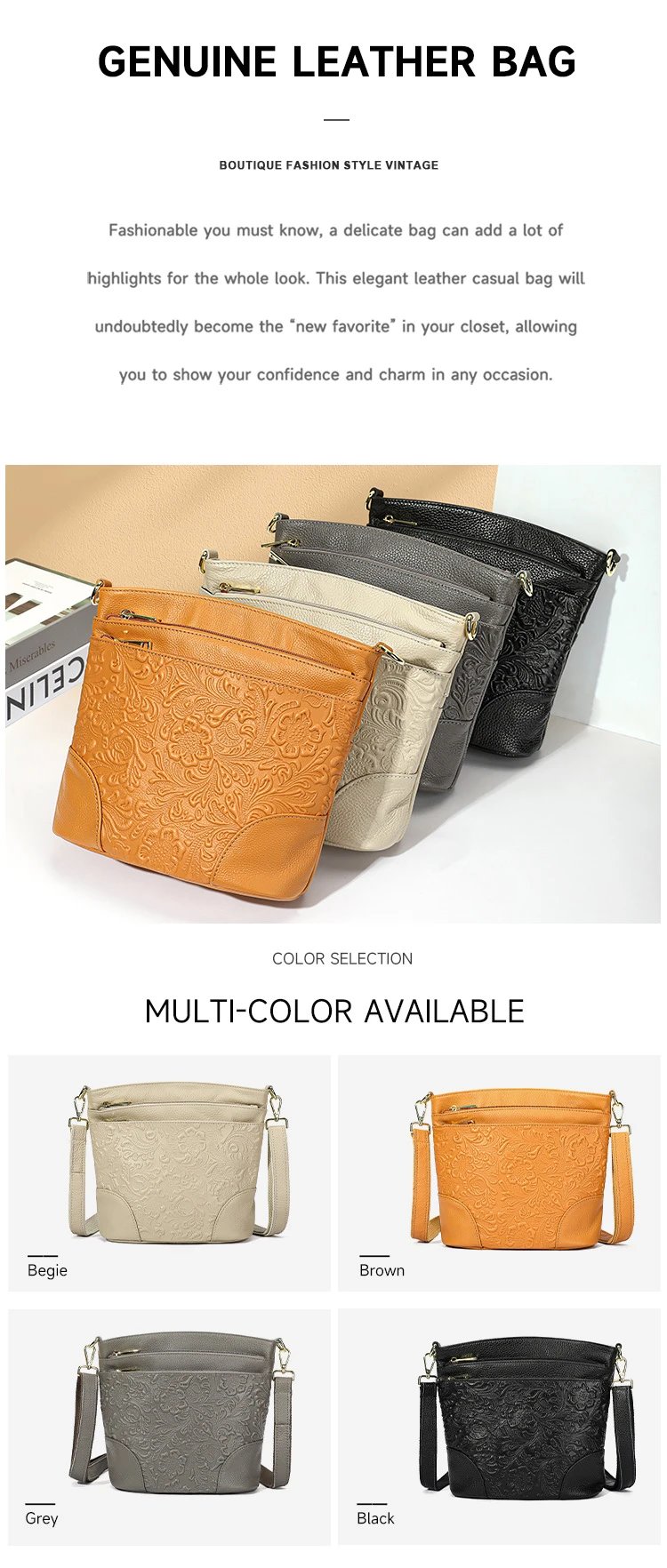 Design Floral Embossed Gray Crossbody Bag - 4