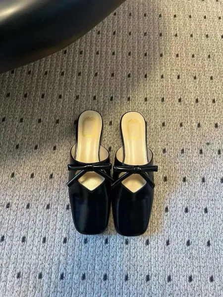Design Black Bow-Embellished Square-Toe Mules Slippers - 21