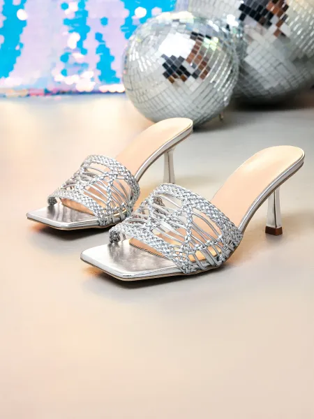 Design Silver Woven Mesh Mule Heels Sandals - 9