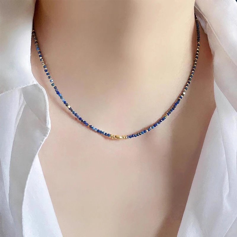 Lapis Lazuli Beaded Layered Necklace Blue Gold-Tone Bohemian