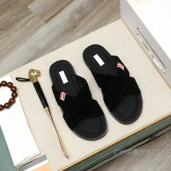 Thom Browne Cross-Strap Velvet Slippers Black - 9