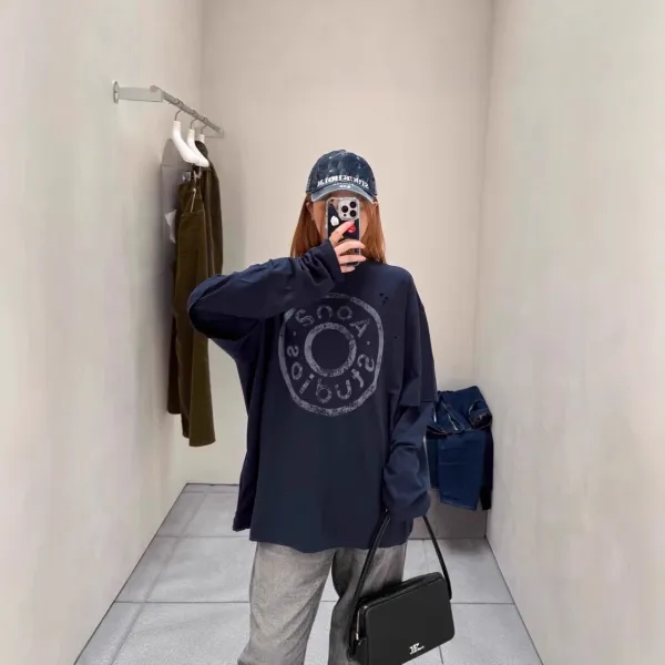 Acne Studios Distressed Logo Print Navy T-Shirt - 6