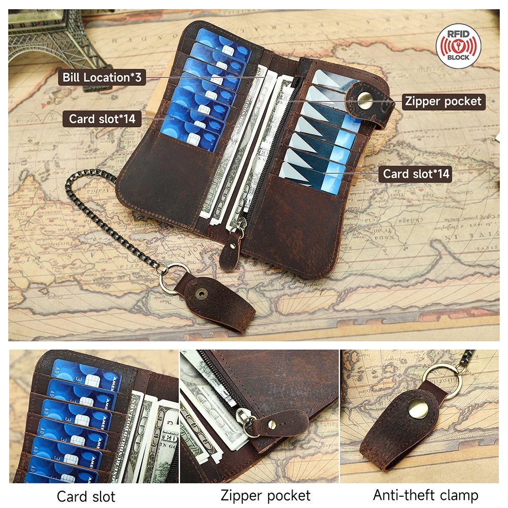 Leather Dragon Embossed Brown Chain Wallet Biker Style