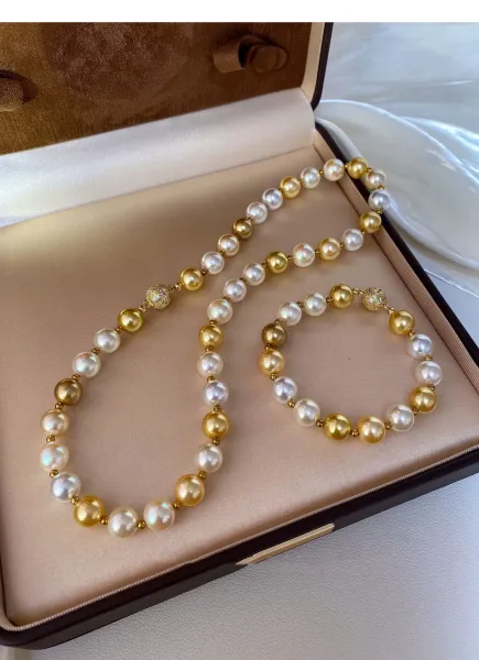 Design Pearl and Gold Bead Necklace and Bracelet Set Jewelry - 12