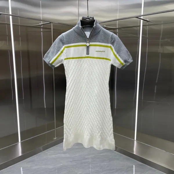Design Teseolance Knit Dress with Half-Zip Collar in Gray, White, and Lime Green Dress - 1
