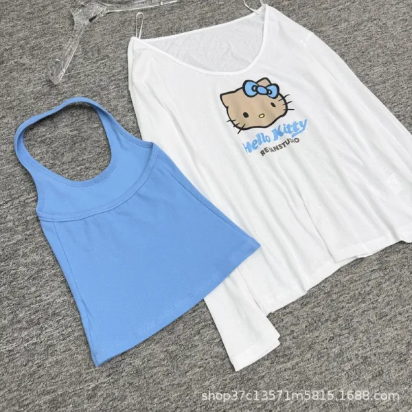 Hello Kitty x REYANSTUDIO Graphic Long Sleeve Cami Top Set in White and Blue - 8