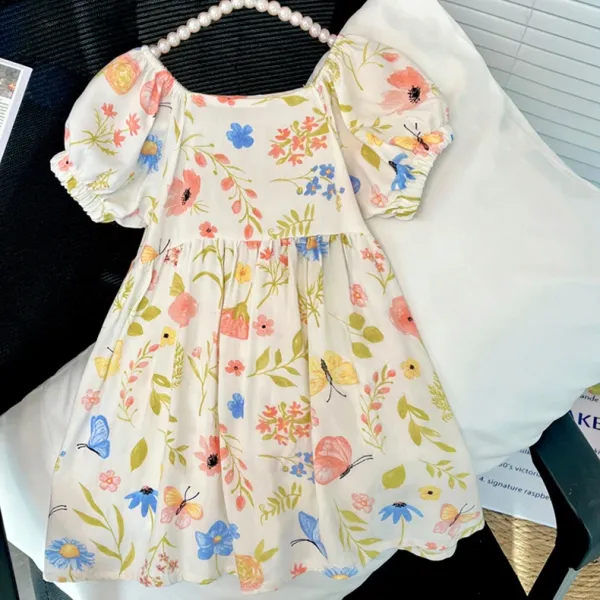 Design Floral Print Puff-Sleeve Smocked Dress in Pink Dress - 3