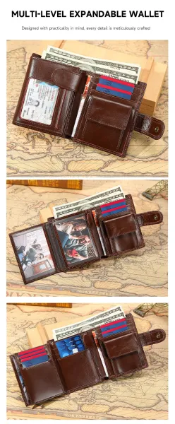 Design Classic Snap Closure Brown Leather Short Wallet - 7