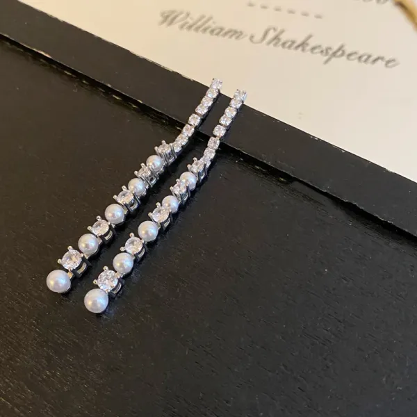 Design Pearl and Crystal Linear Drop Earrings Silver Jewelry - 10