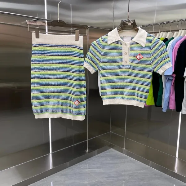 Design Knit Stripe Polo and Skirt Set Multicolor - 1