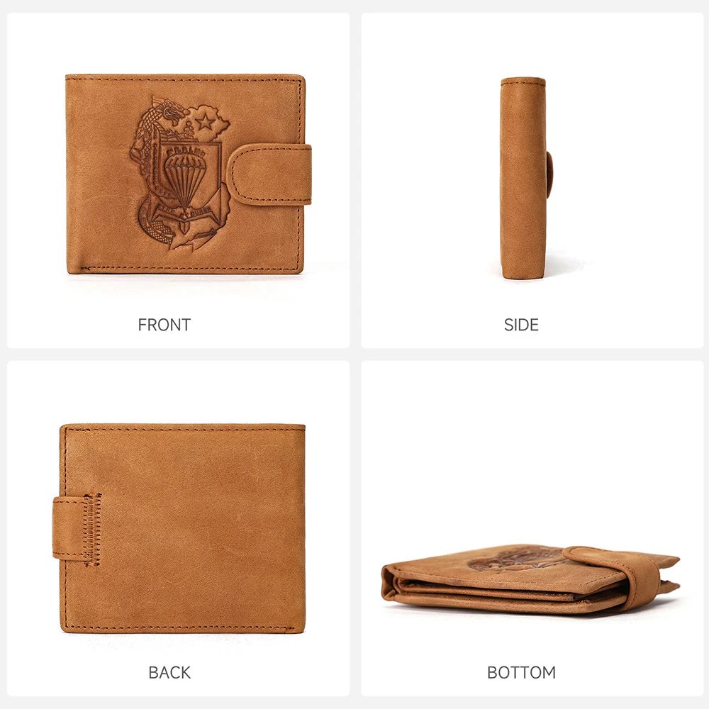 Leather Bifold Wallet Tan Embossed Military Style