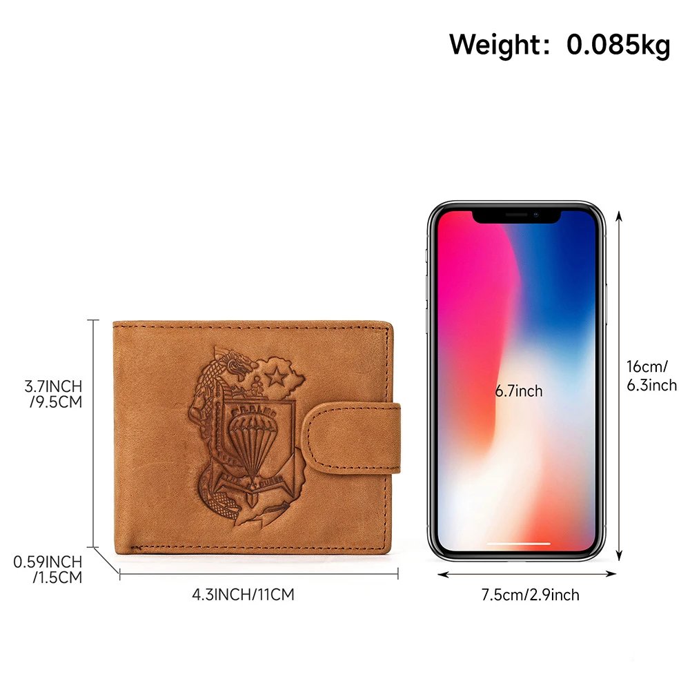 Leather Bifold Wallet Tan Embossed Military Style