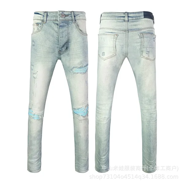 Amiri Script Logo Distressed Slim Fit Jeans Blue - 17