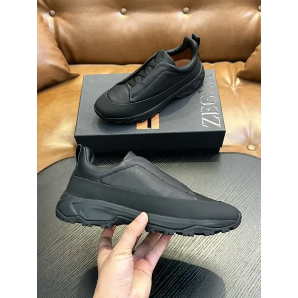 Zegna O-Loop Black Leather Slip-On Sneakers Chunky Sneakers - 1
