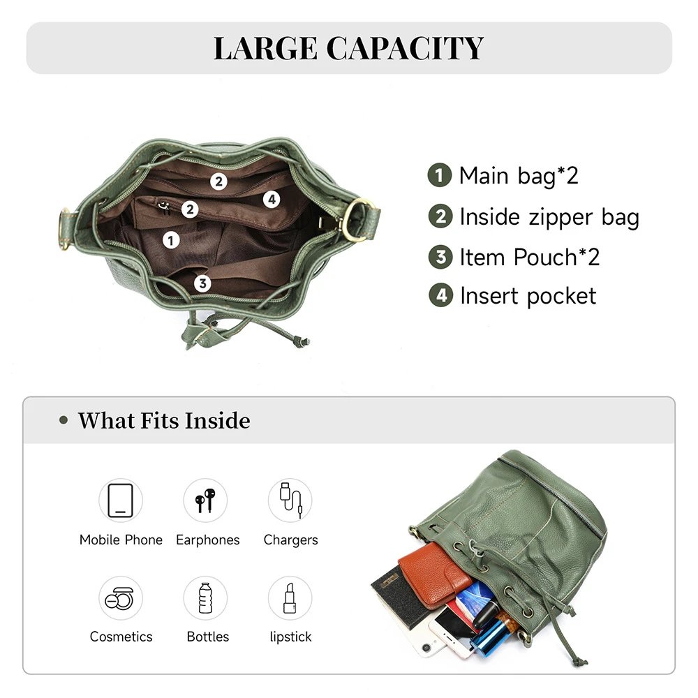 Genuine Leather Olive Green Drawstring Bucket Bag