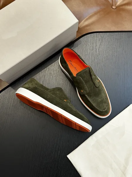 Design Santoni Loafer Slip-On Olive Green Suede with Orange Sole Casual Shoes Loafers - 14