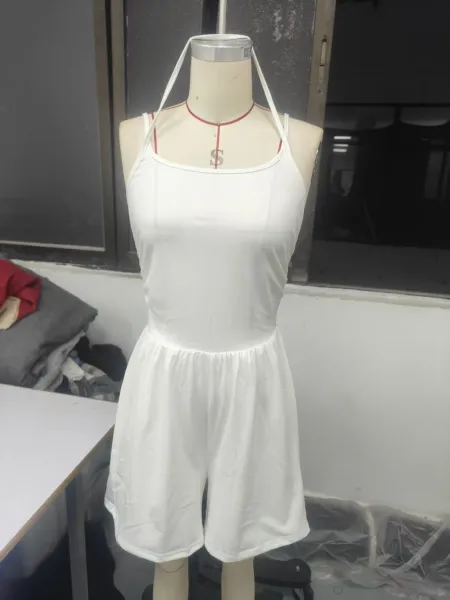 Design Black Ruched Halter Romper with White Platform Sneakers Sets - 4