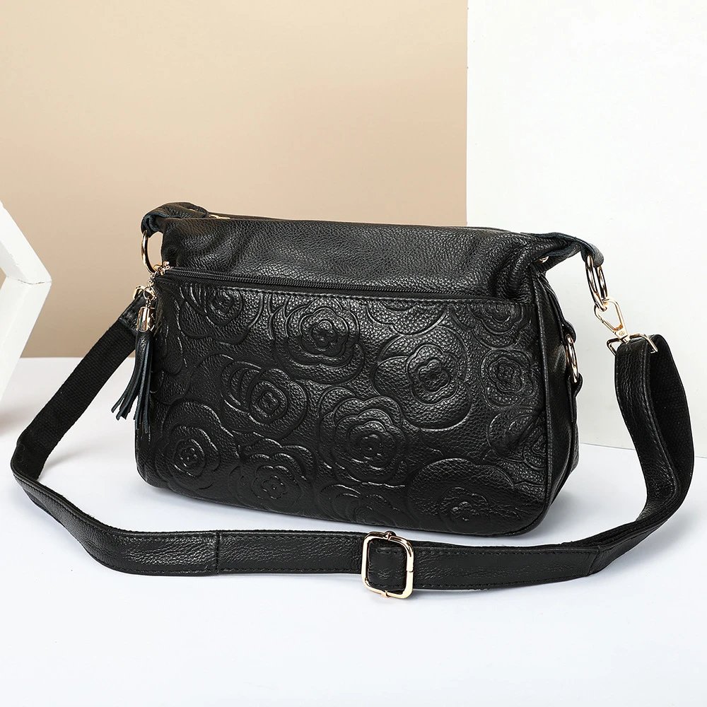 Design Floral Embossed Leather Crossbody Bag Black