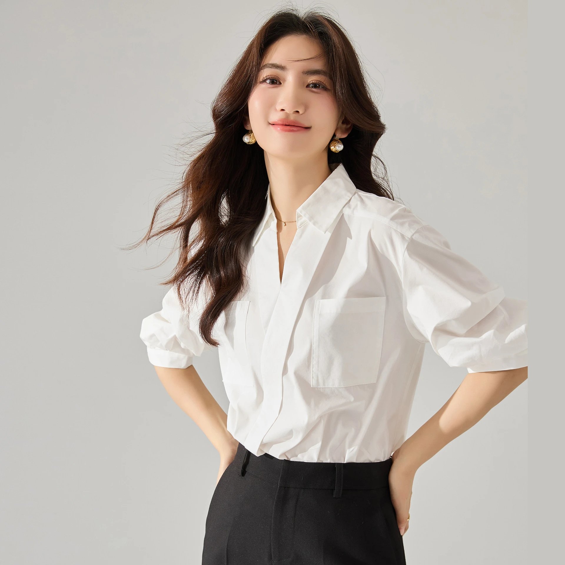 White Cotton Blouse With Puffed Sleeves And Chest Pocket