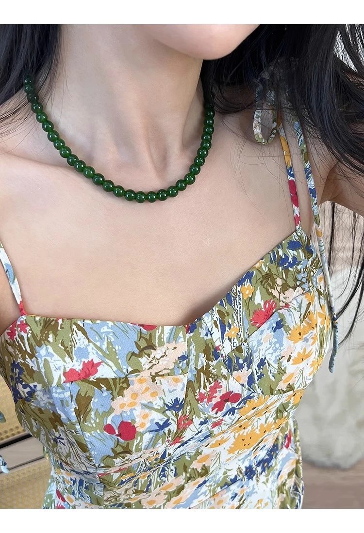 Design Floral Print Square Neck Cami Dress with Jade Bead Necklace Dress - 6