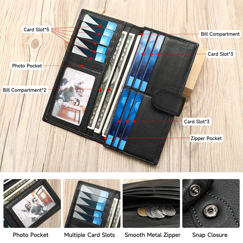 Leather Bifold Wallet Black Classic Style