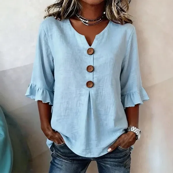 Design Button-Front Ruffle Sleeve Top Yellow Tops.shirt - 7