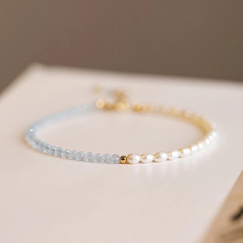 Pearl and Aquamarine Bead Bracelet in Gold-Tone Jewelry
