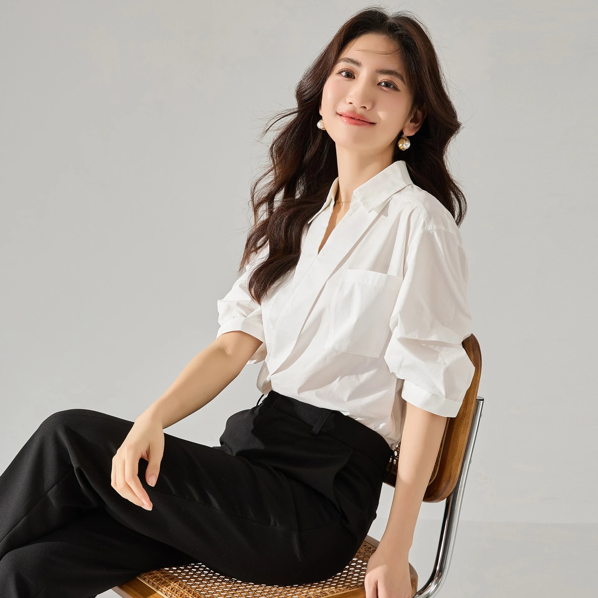 White Cotton Blouse With Puffed Sleeves And Chest Pocket