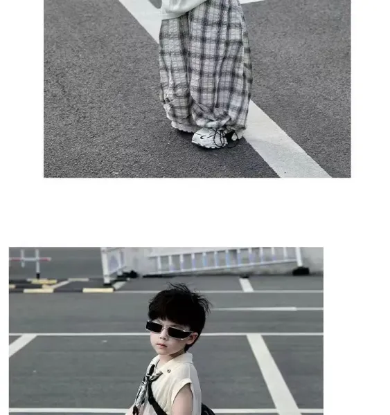 Design Sleeveless Polo Shirt with Bandana Detail, Gray Plaid Baggy Pants, and White Chunky Sneakers - 12