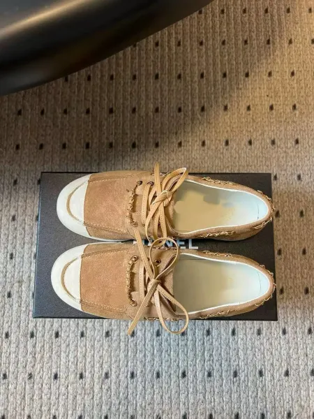 Chanel Boat Shoes Light Blue Suede Two-Tone with Chain Detail - 7