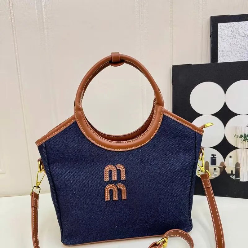 Miu Miu Logo Denim Tote Bag Navy with Tan Leather Trim Handbags