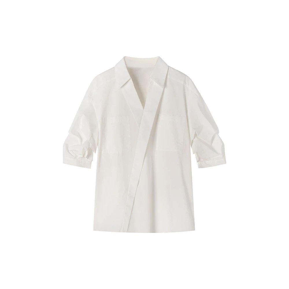 White Cotton Blouse With Puffed Sleeves And Chest Pocket