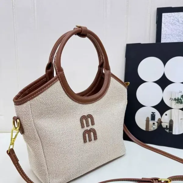 Miu Miu Logo Denim Tote Bag Navy with Tan Leather Trim Handbags - 4