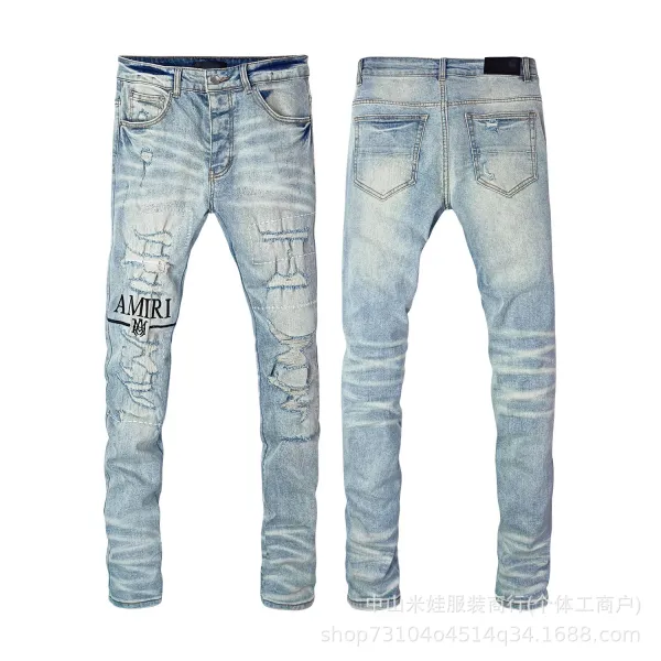Amiri Script Logo Distressed Slim Fit Jeans Blue - 7