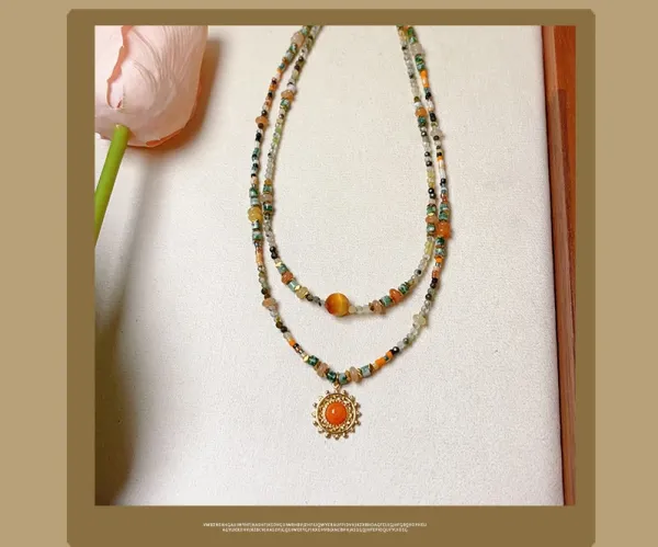 Design Beaded Gemstone Necklace with Amber Center Stone Jewelry - 9