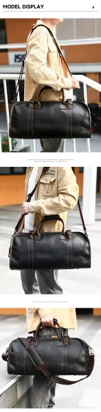Design Vintage Leather Duffle Bag Black - 7