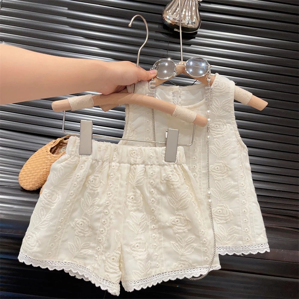 Design White Eyelet Lace Embroidery Two-Piece Set Shorts and Top Sets - 17
