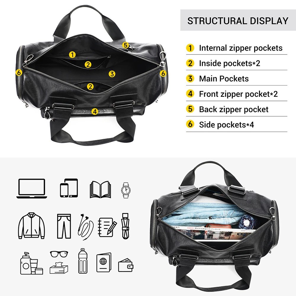 Leather Duffel Bag Black Multi-Zipper Travel Tote